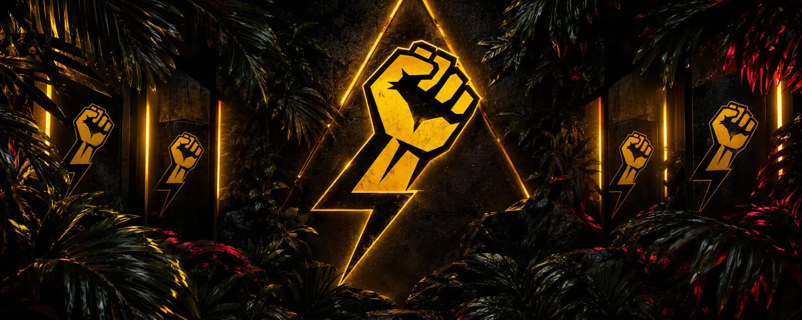 The Connector Fight Club fist and lightning logo glowing on a jungle wall